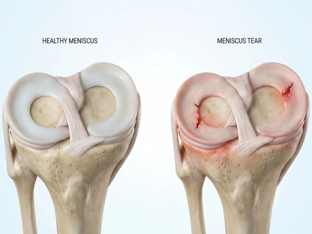 Medical illustration showing an anterior cruciate ligament (ACL) tear in the knee